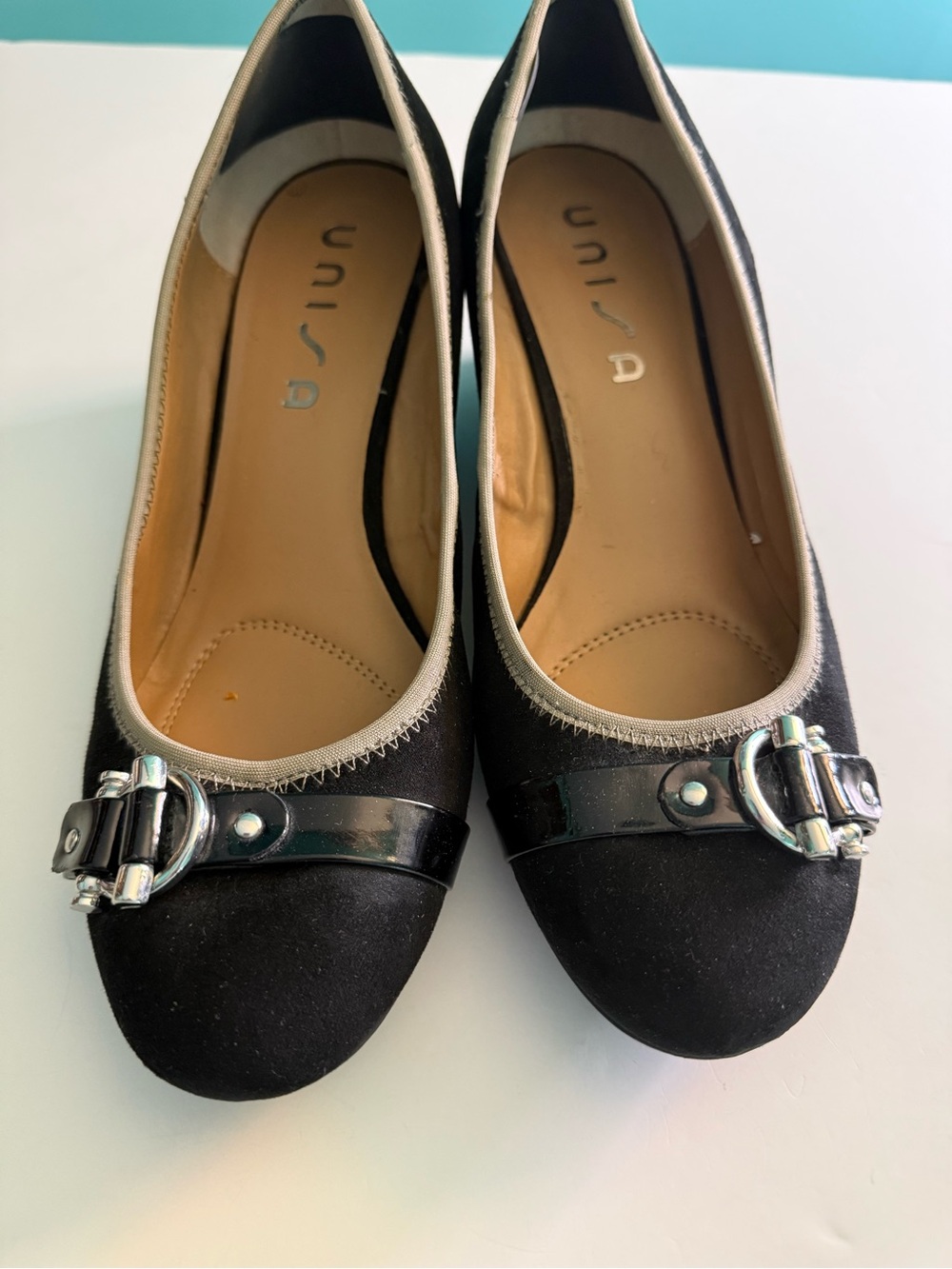 Women’s Unisa Black Suede Wedge Heel Pumps with Silver Buckle Accent Size 10